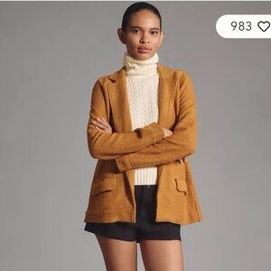 Anthropologie Maeve Textured Single Button Relaxed Blazer - Mustard Brown Size L